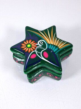 Mexican Pottery Folk Art Star Shaped Trinket Box Hand Painted Bird Floral Green